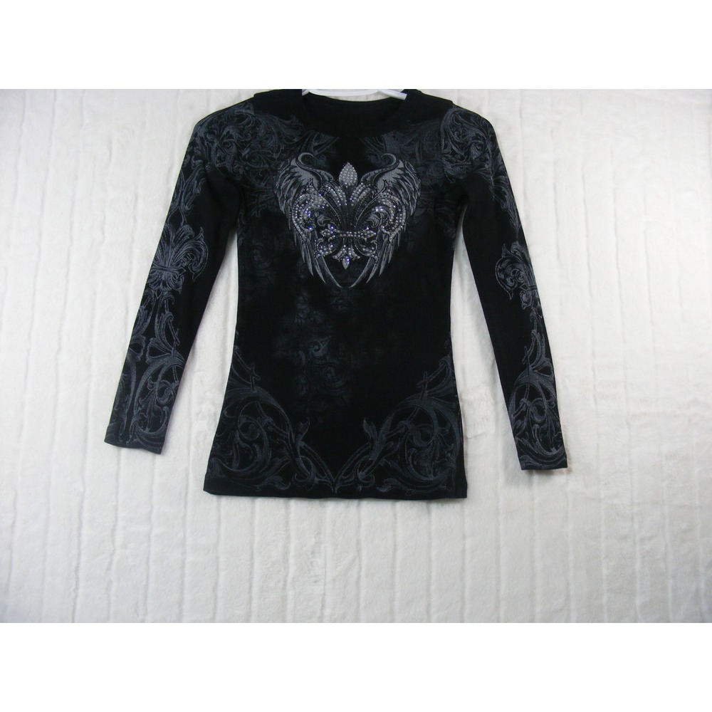 Unbranded Graphic Top Women Small Black Excellent Y2K Gothic Rhinestone Wing